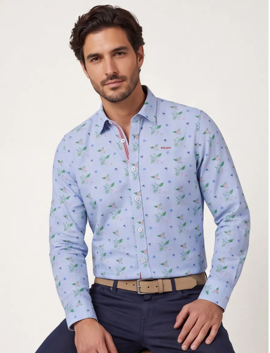 New Zealand overhemd normale fit blauw geprint linnen