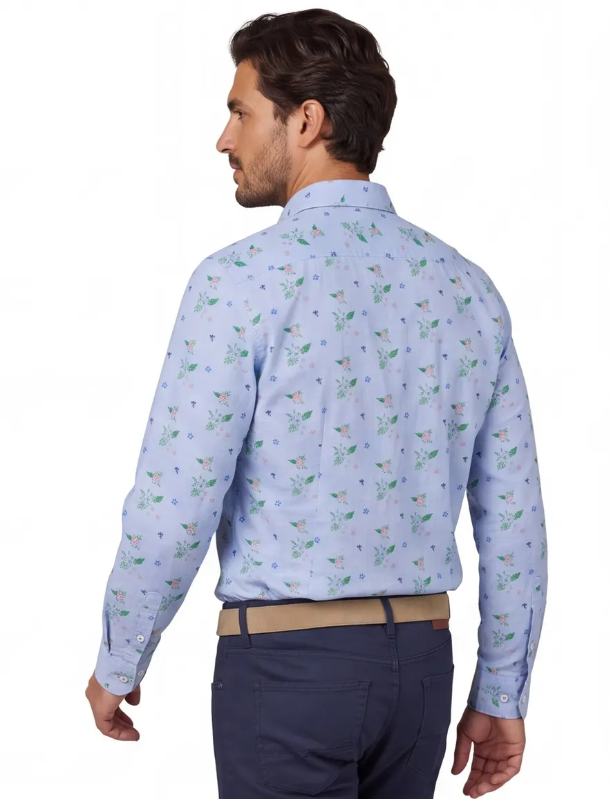 New Zealand overhemd normale fit blauw geprint linnen