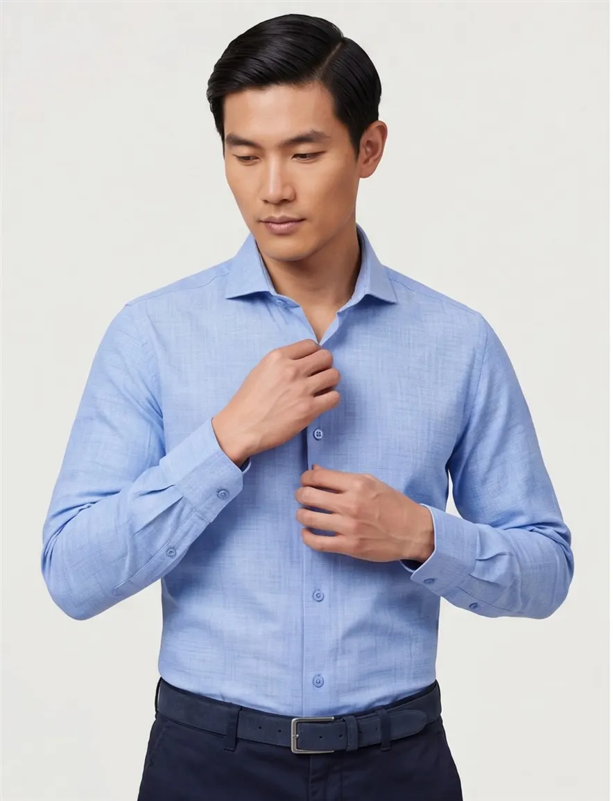 Ledub overhemd blauw gemeleerd 100% katoen