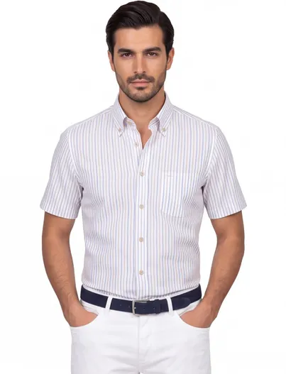 Ledub Ledub Modern Fit overhemd korte mouw wit lichtblauw