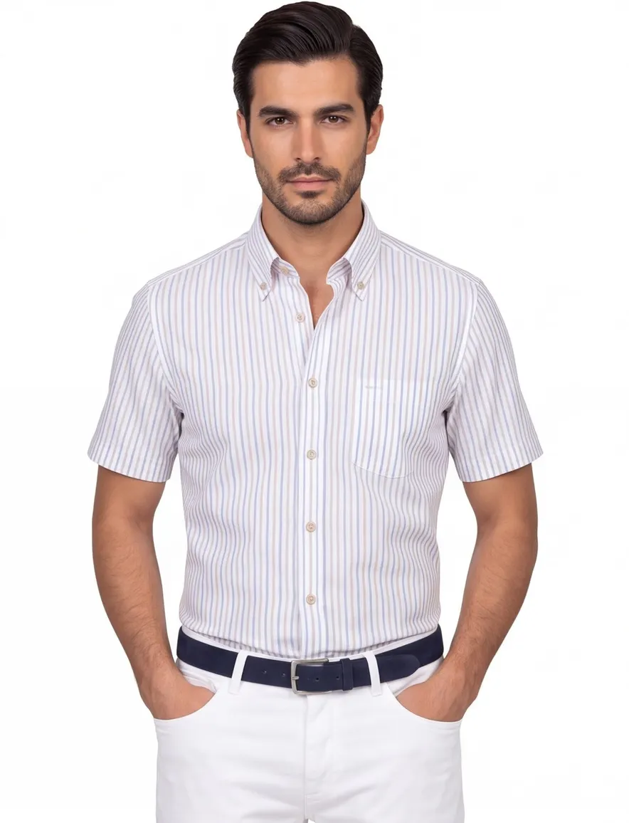 Ledub Modern Fit overhemd korte mouw wit lichtblauw