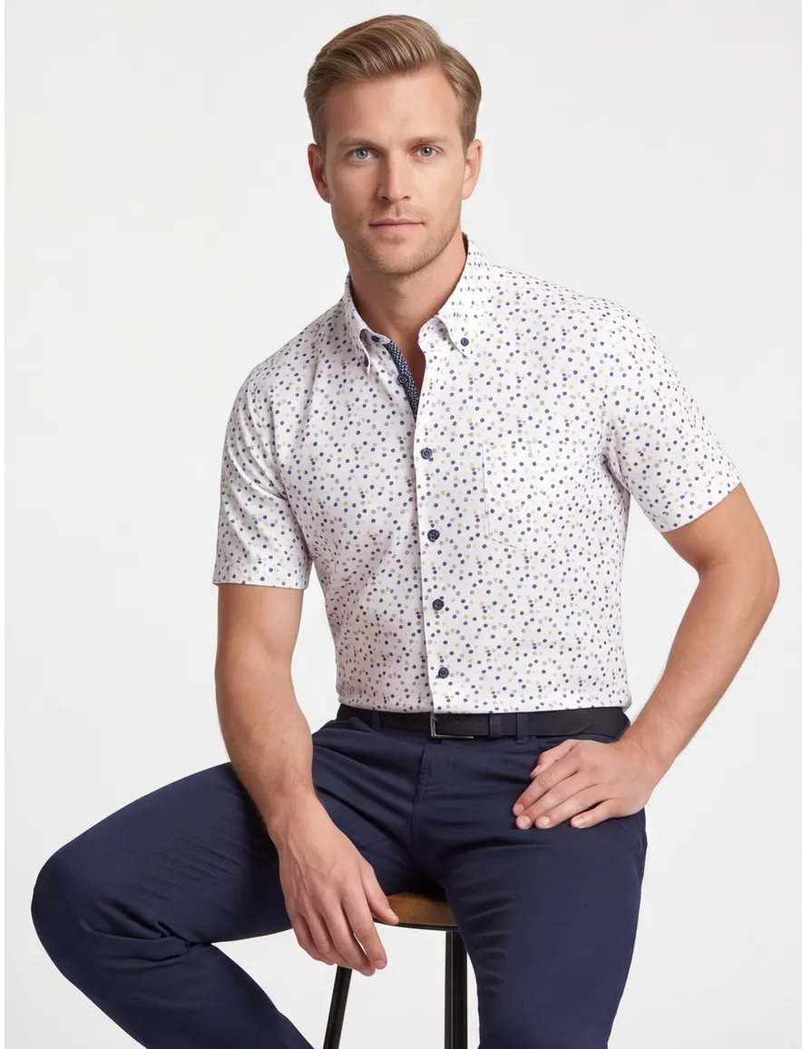Ledub Modern Fit overhemd korte mouw donkerblauw katoen