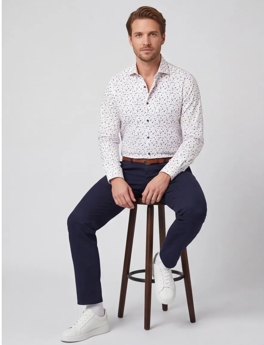Ledub overhemd mouwlengte 7 Modern Fit New normale fit wit geprint