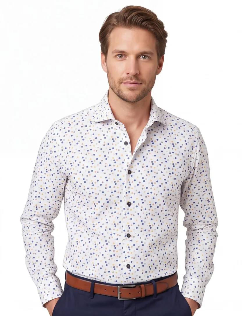 Ledub overhemd mouwlengte 7 Modern Fit New normale fit wit geprint
