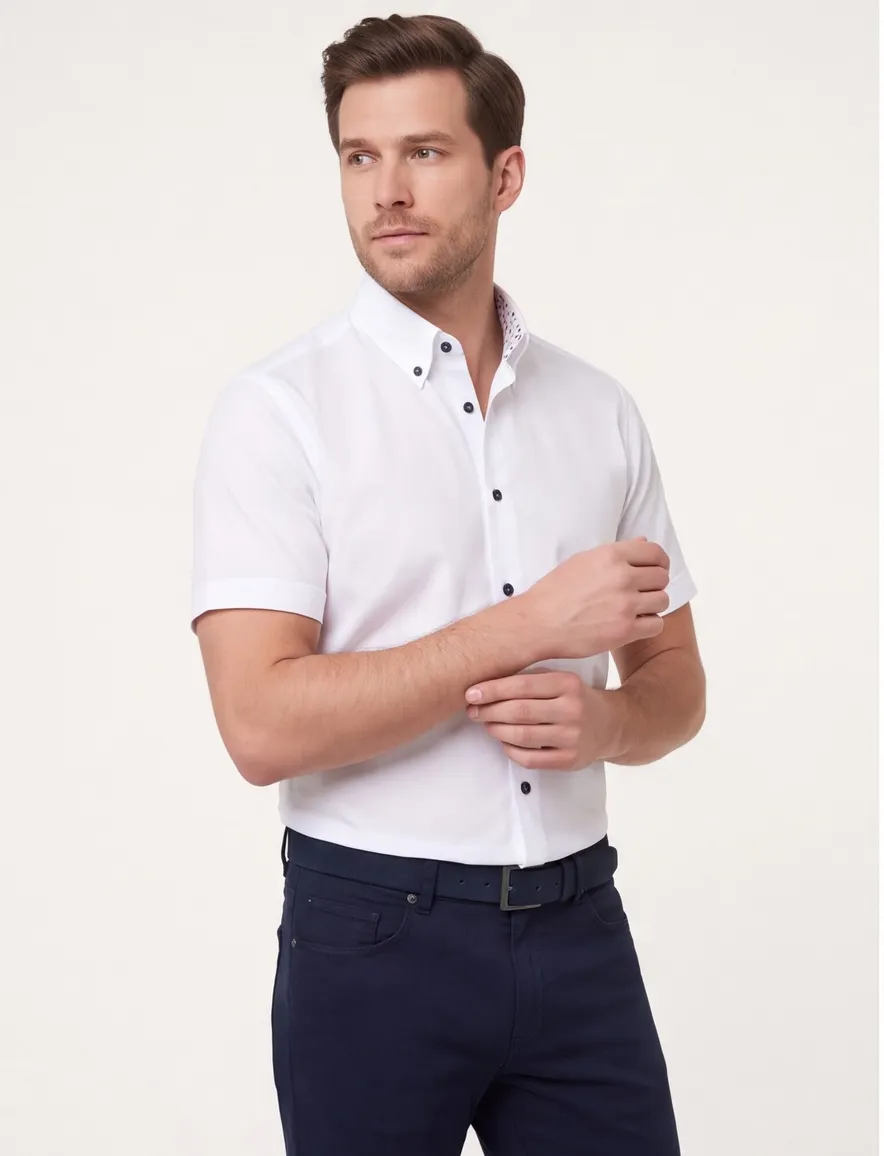 Ledub Modern Fit overhemd korte mouw wit effen