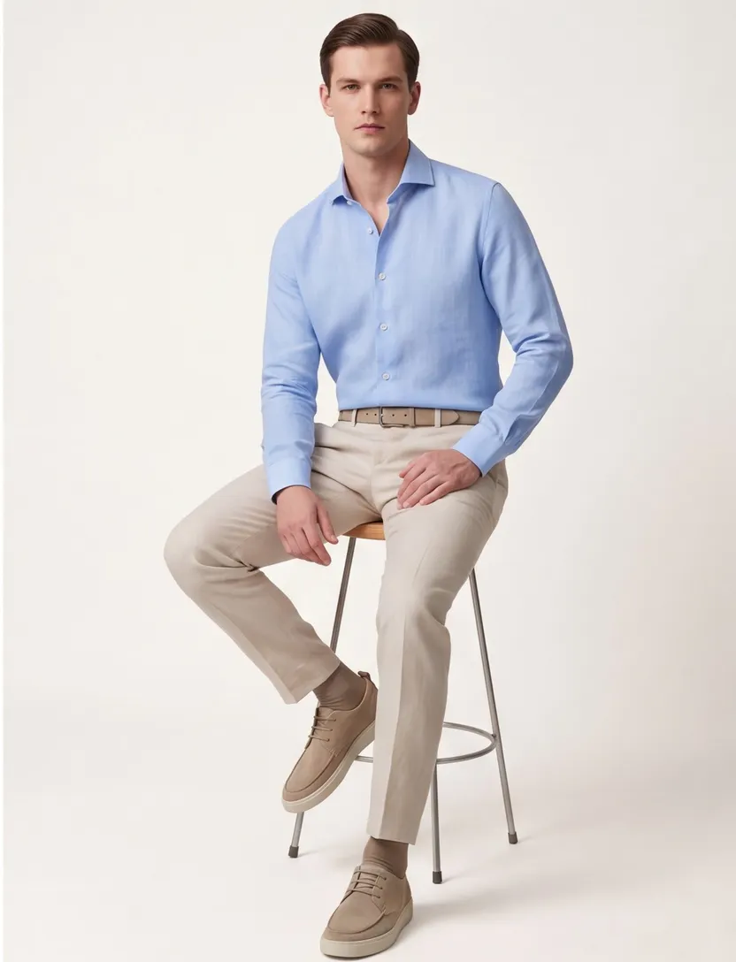 Overhemd mouwlengte 7 Ledub Modern Fit New lichtblauw linnen