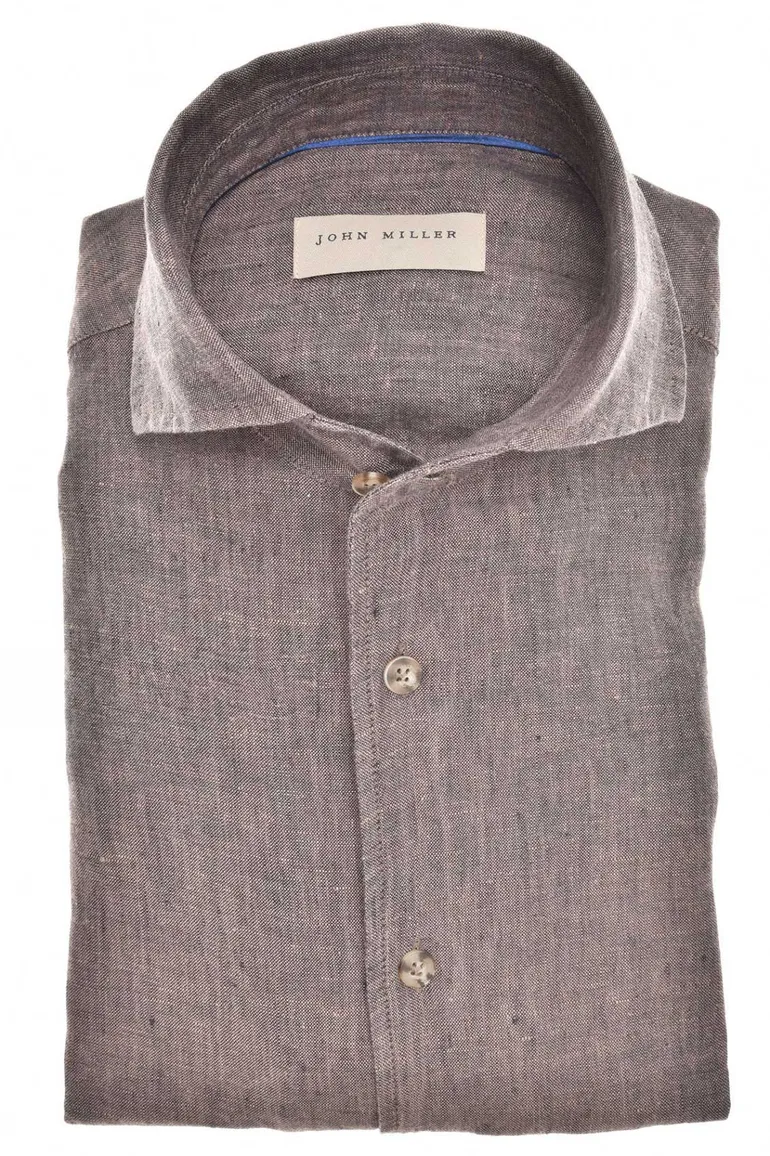 John Miller overhemd mouwlengte 7 Slim Fit bruin effen linnen