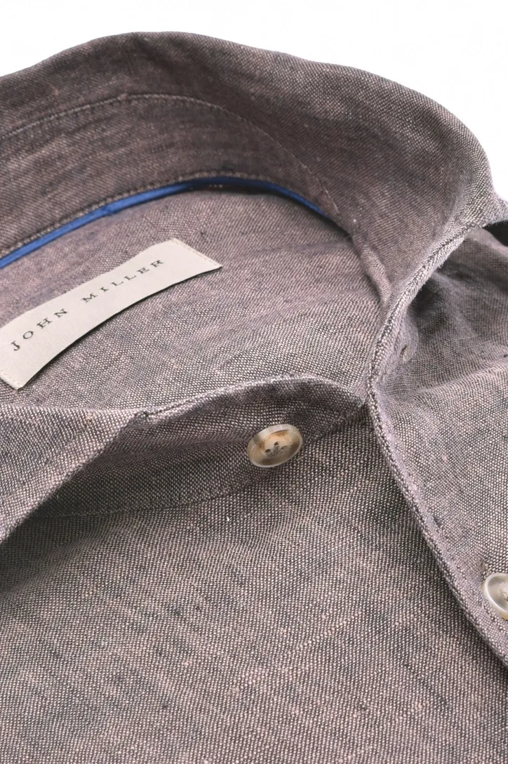 linnen John Miller overhemd mouwlengte 7 Slim Fit effenbruin