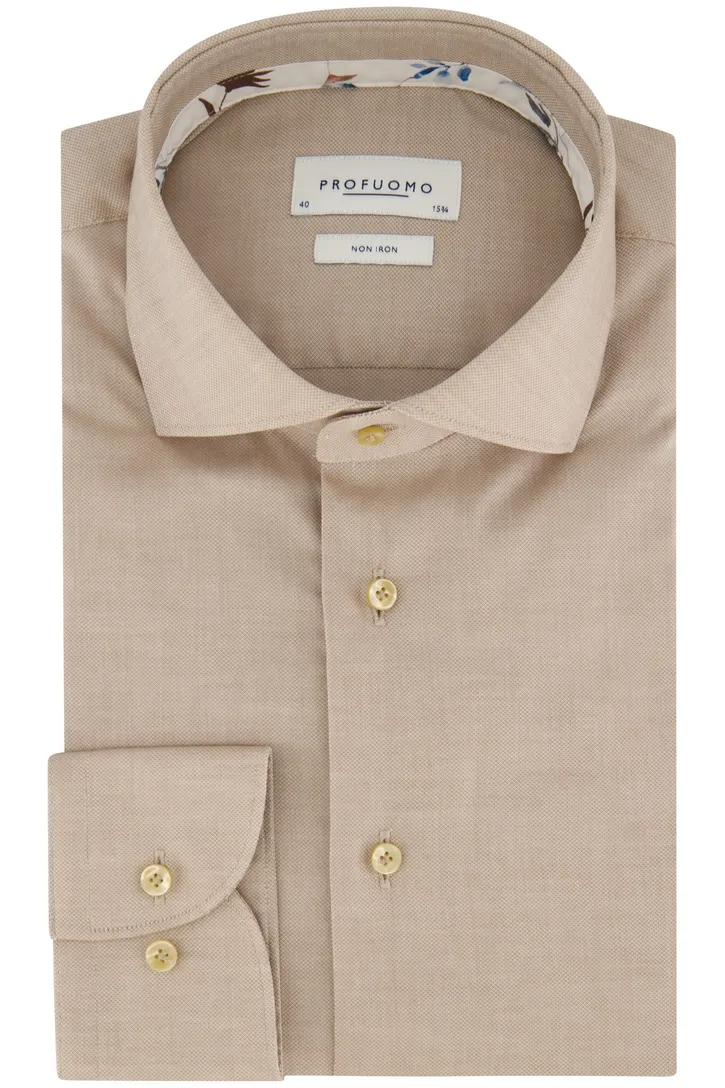 Profuomo slim fit overhemd katoen beige strijkvrij
