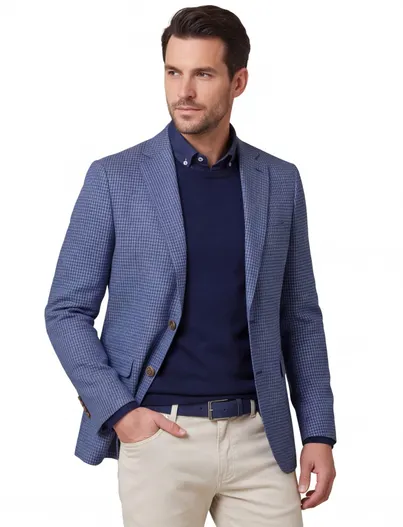 Dressler Dressler colbert blauw geruit katoen slim fit Shaped Fit