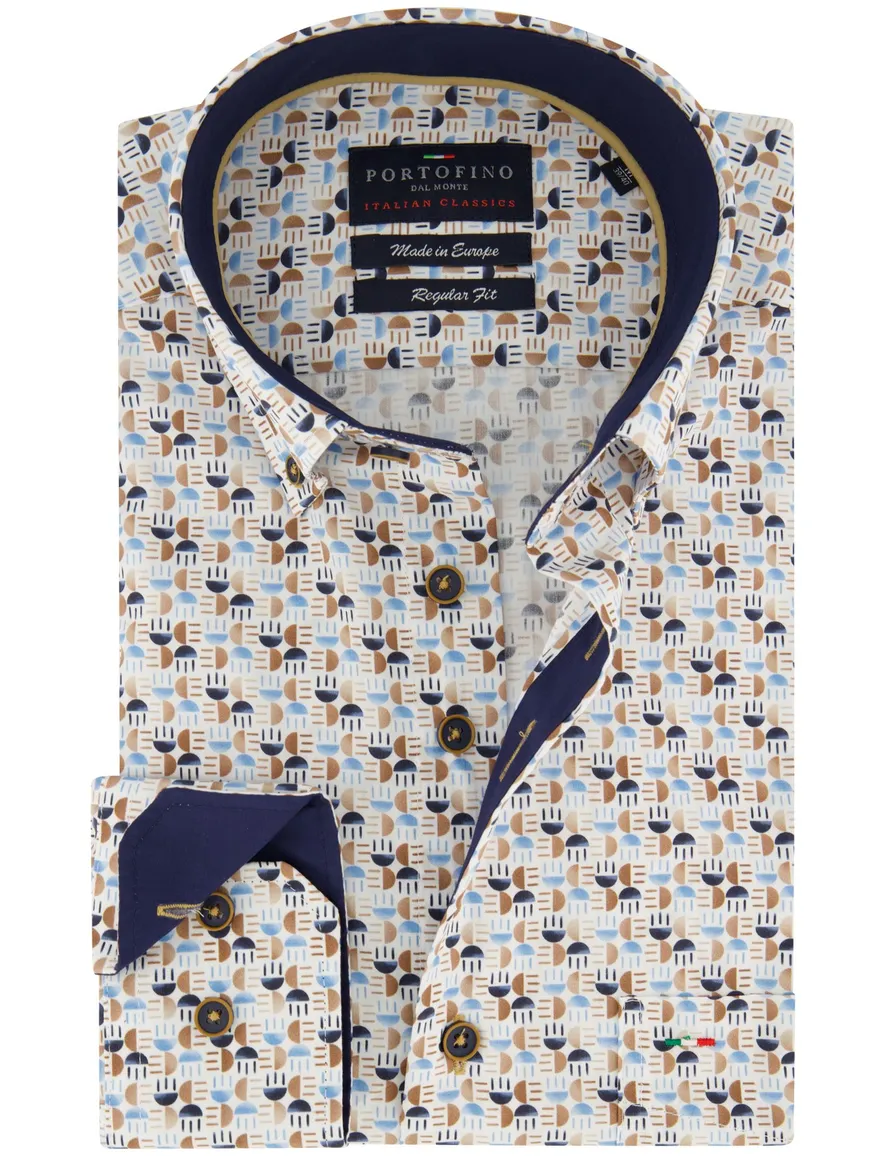 Portofino overhemd blauw geprint regular fit met borstzak