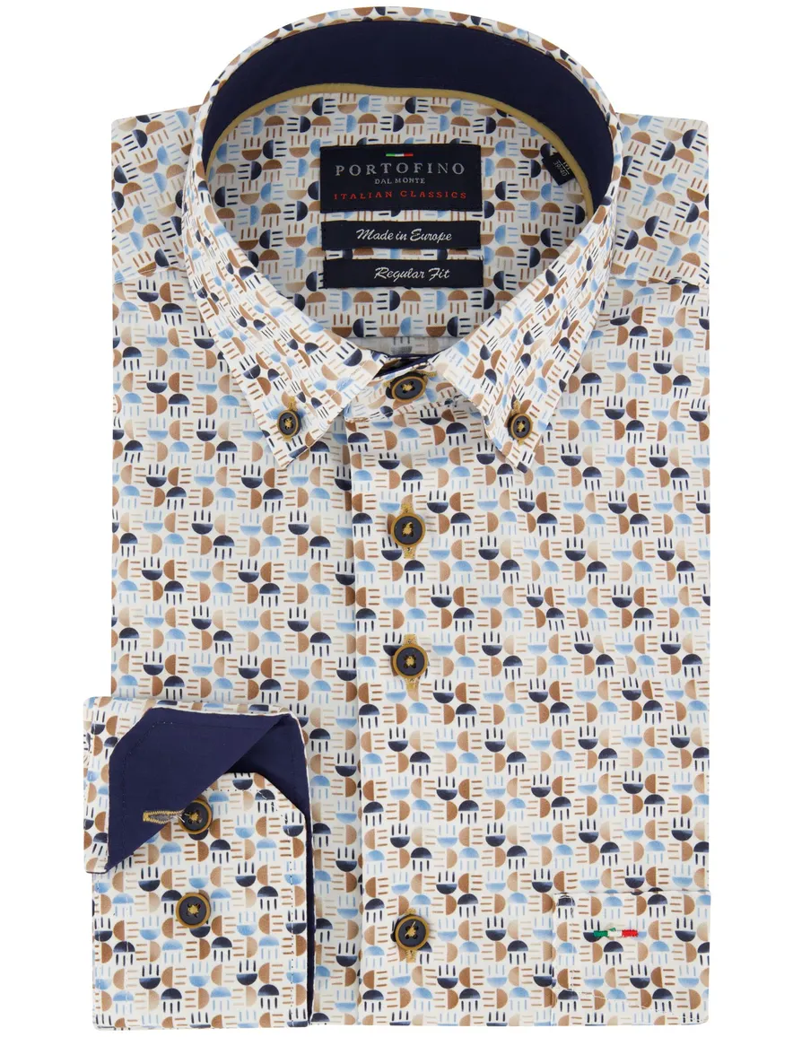 Portofino overhemd blauw geprint regular fit met borstzak
