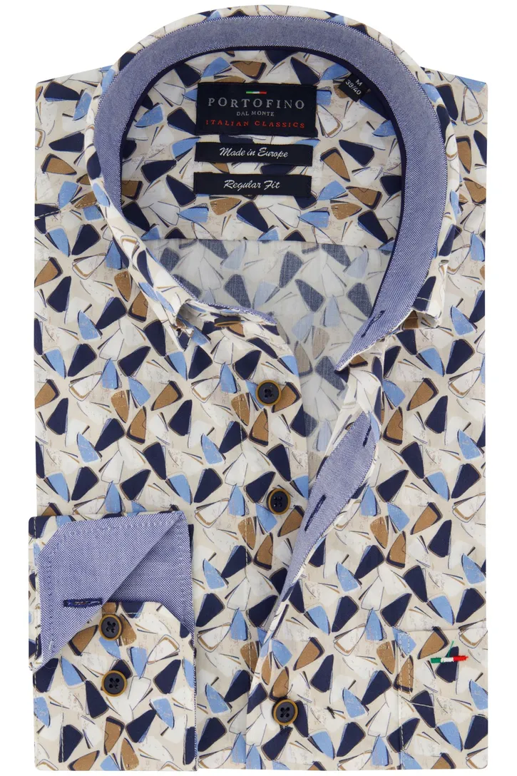 Portofino beige geprint overhemd regular fit katoen