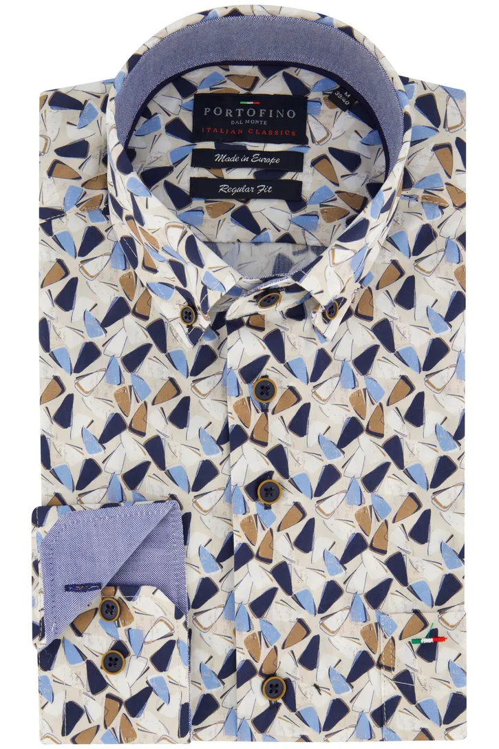 Portofino beige geprint overhemd regular fit katoen