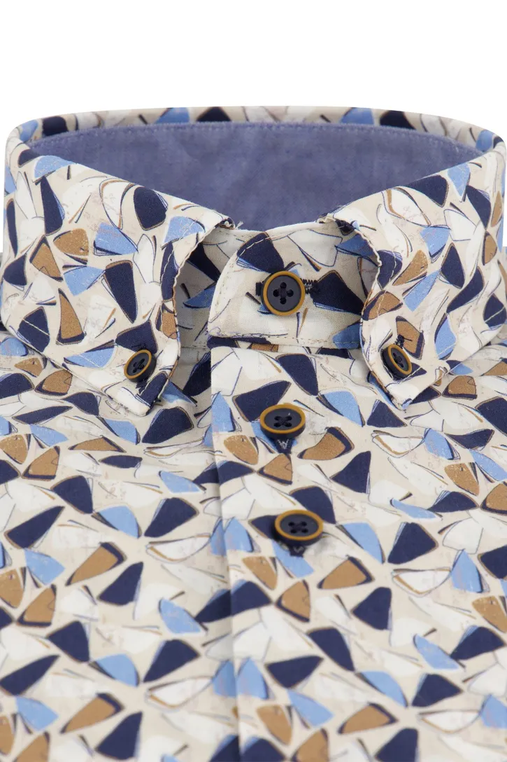 Portofino beige geprint overhemd regular fit katoen