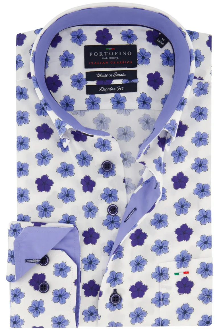 Portofino overhemd regular fit beige geprint bloemetjes katoen
