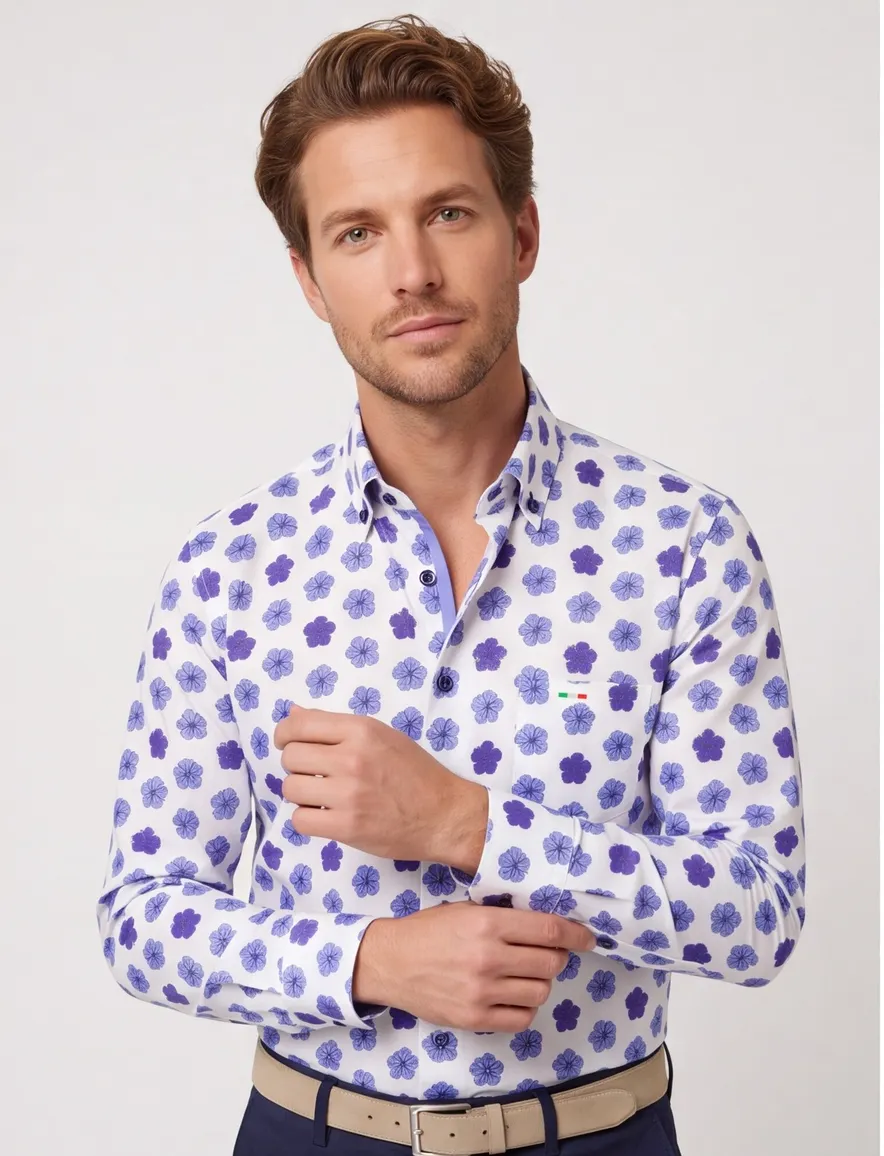 Portofino overhemd regular fit beige geprint bloemetjes katoen