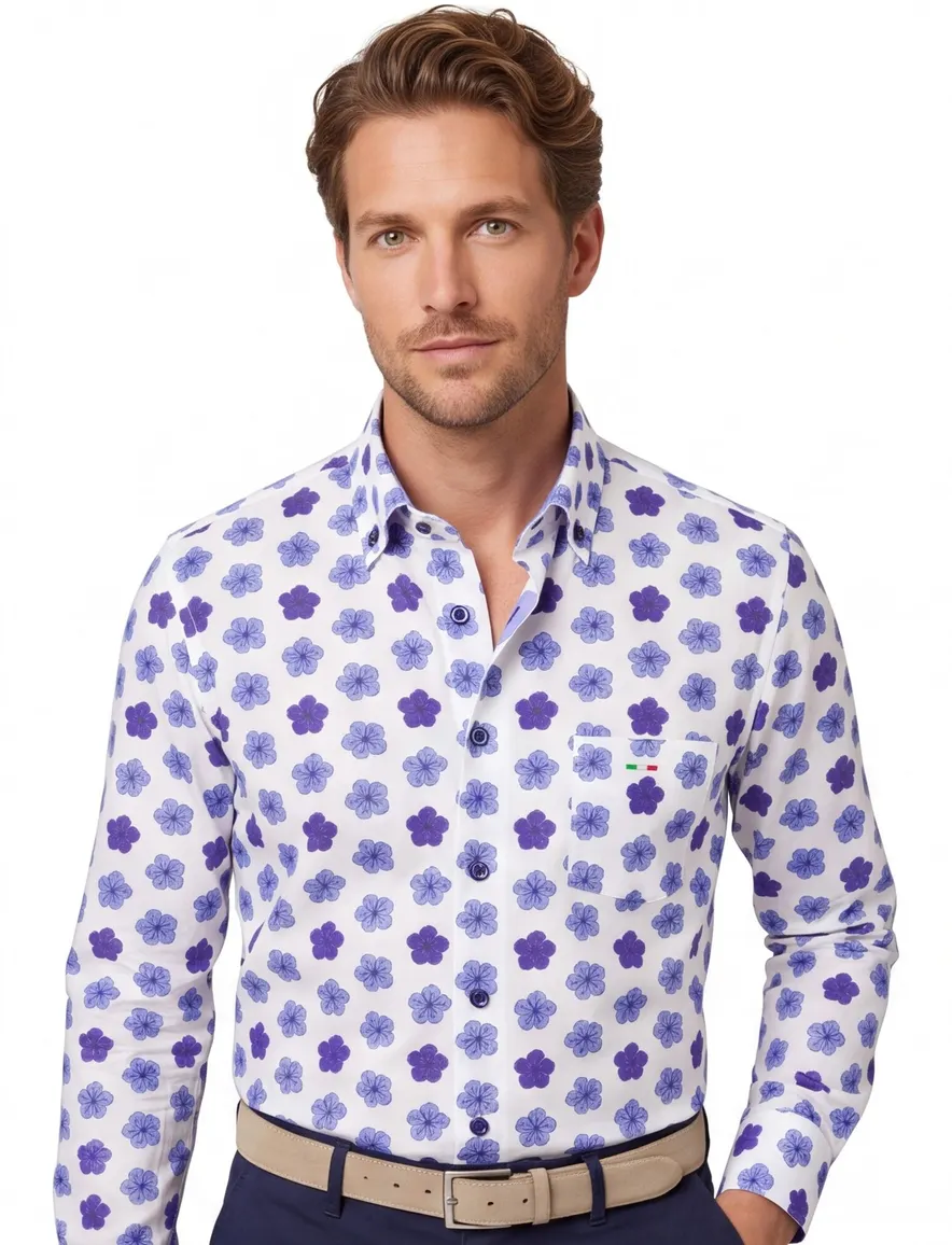 Portofino overhemd wit met blauwe bloemen
