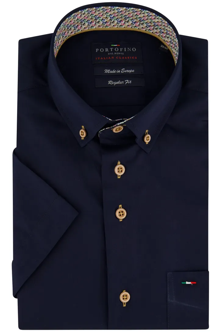 katoenen Portofino overhemd korte mouw wijde fit donkerblauw