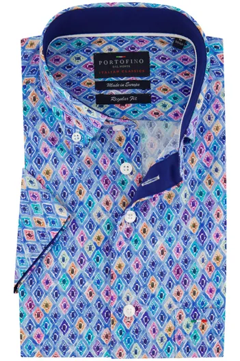 Portofino Portofino overhemd korte mouw blauw geprint katoen
