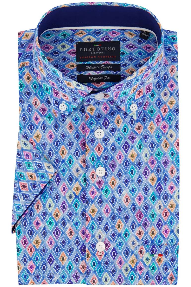 Portofino overhemd korte mouw blauw geprint katoen