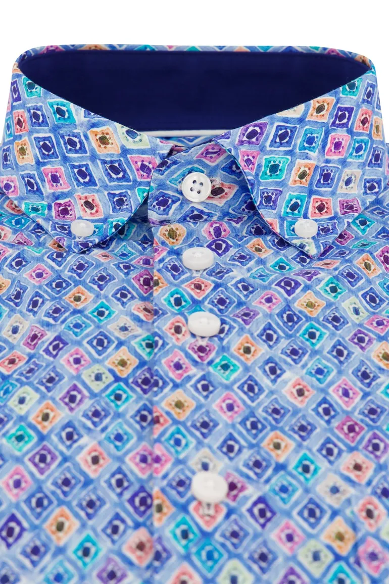 Portofino overhemd korte mouw blauw geprint katoen