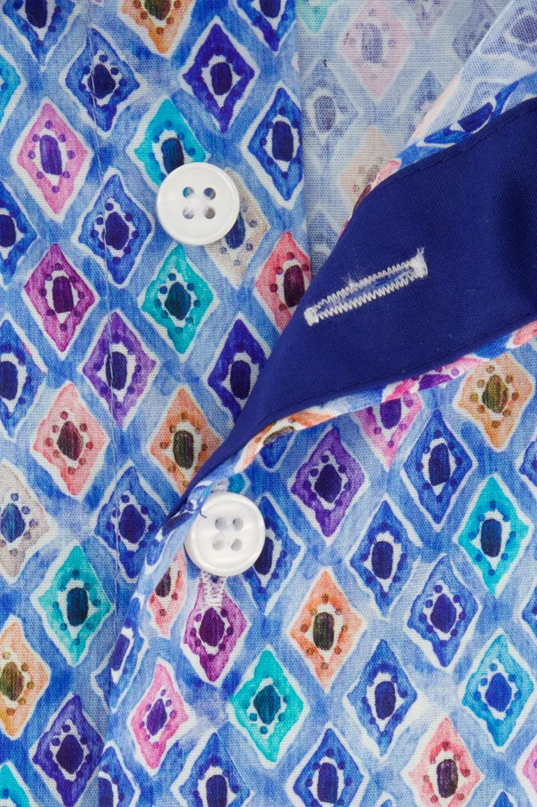 Portofino overhemd korte mouw blauw geprint katoen