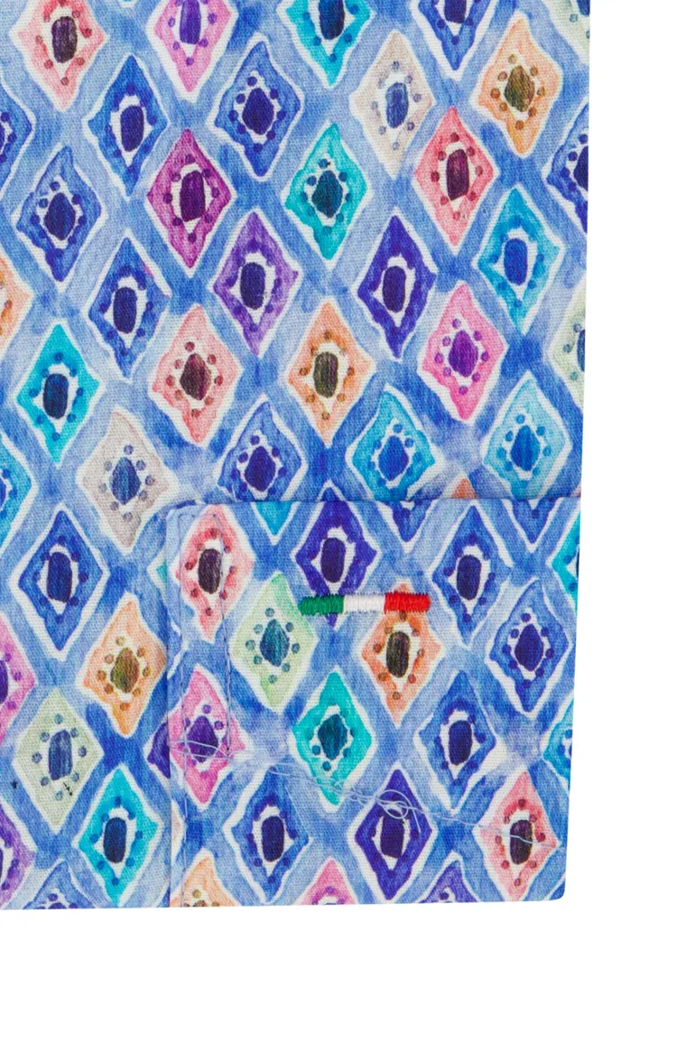 Portofino overhemd korte mouw blauw geprint katoen