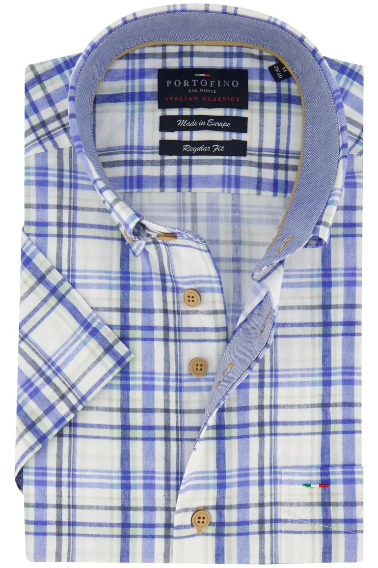 Portofino overhemd korte mouw blauw geruit wijde fit