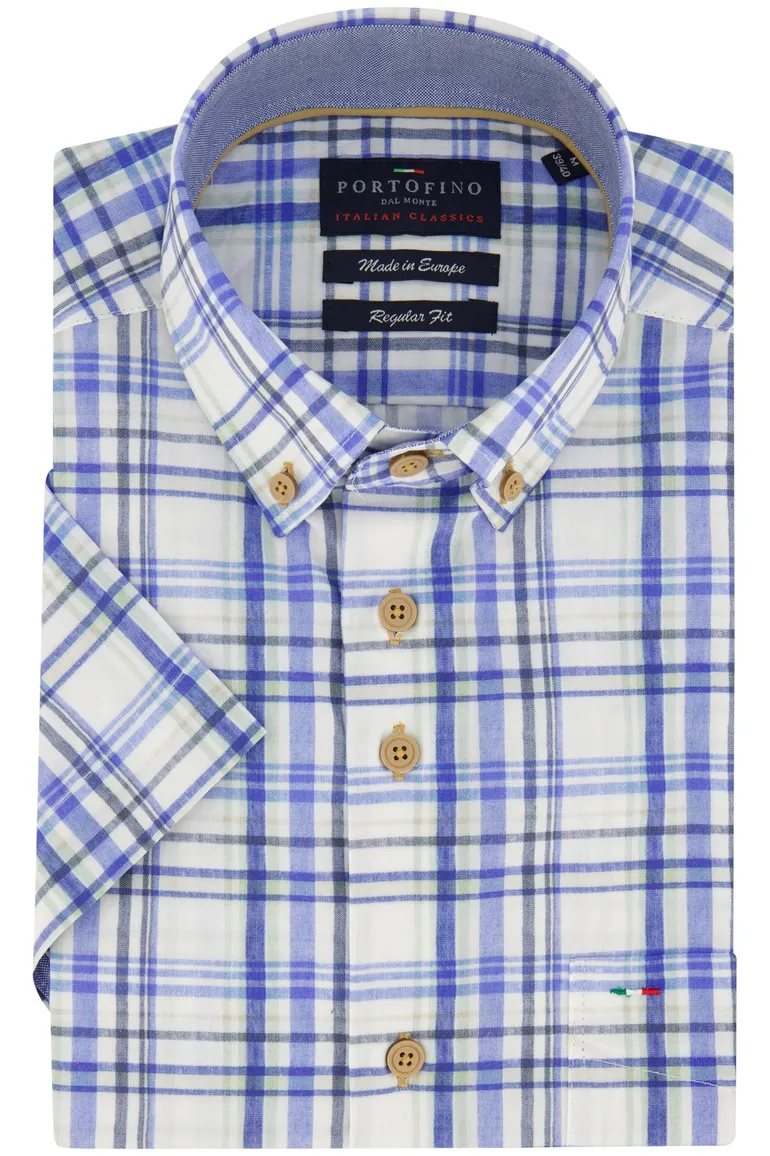 Portofino overhemd korte mouw blauw geruit wijde fit