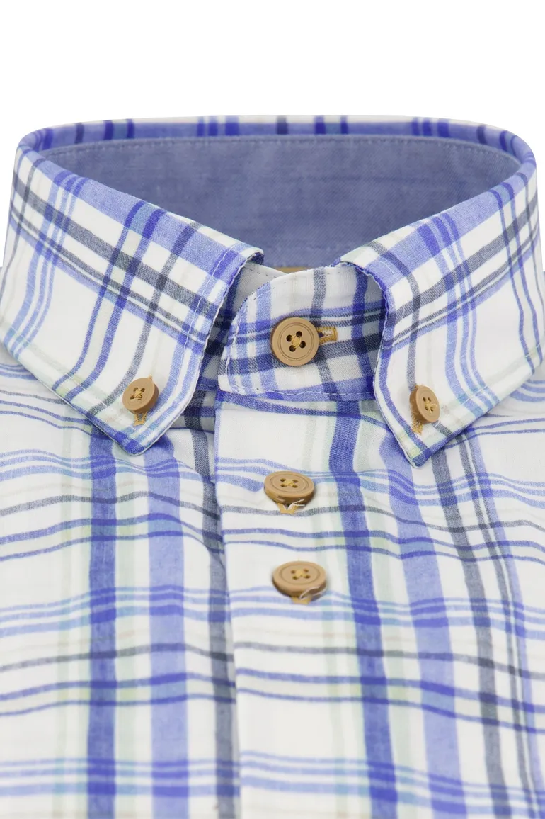 Portofino overhemd korte mouw blauw geruit wijde fit