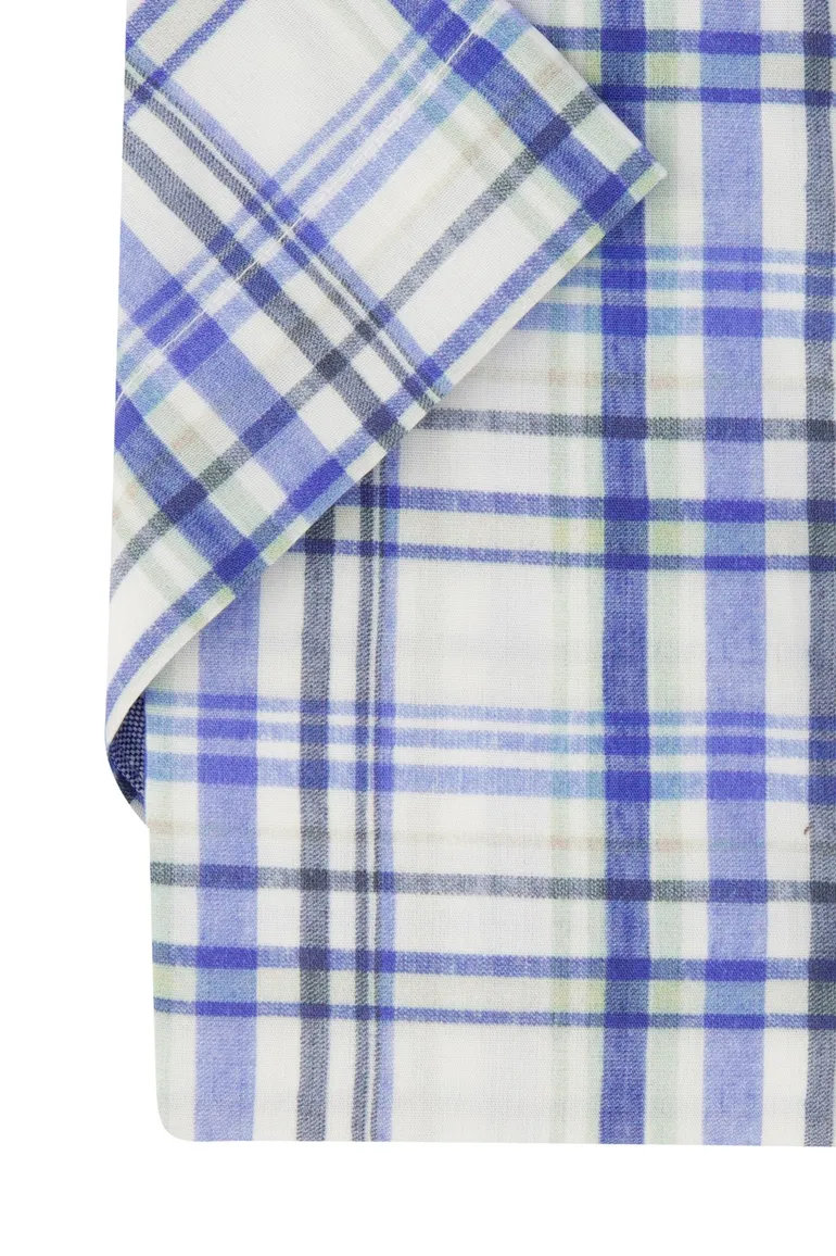 Portofino overhemd korte mouw blauw geruit wijde fit