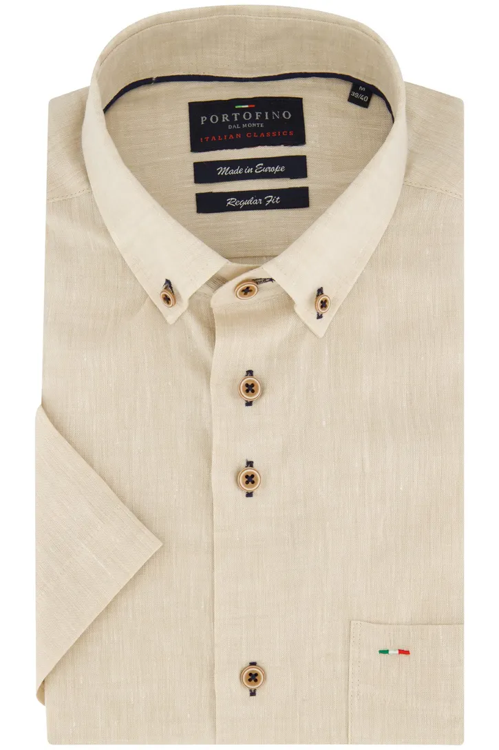 Portofino beige gemêleerd korte mouw regular fit overhemd