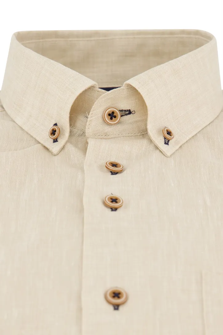 Portofino beige gemêleerd korte mouw regular fit overhemd