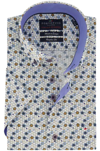 Portofino Portofino overhemd korte mouw blauw geprint wijde fit