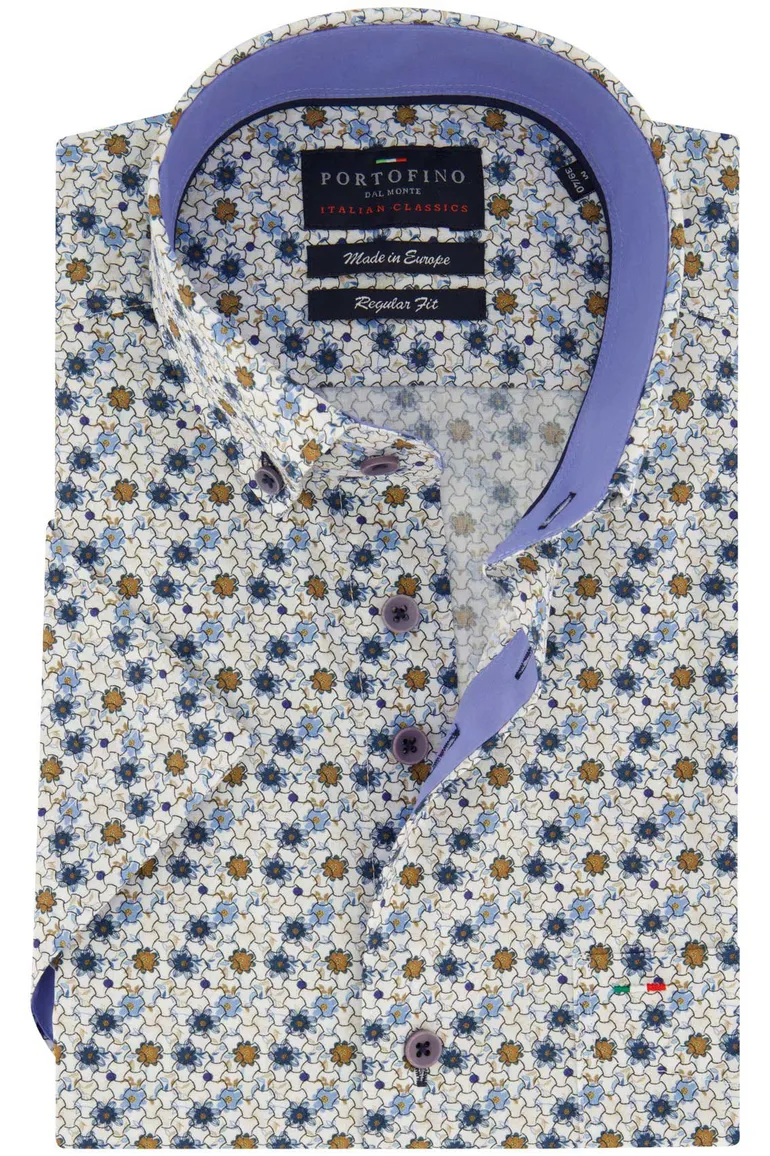 Portofino overhemd korte mouw blauw geprint wijde fit