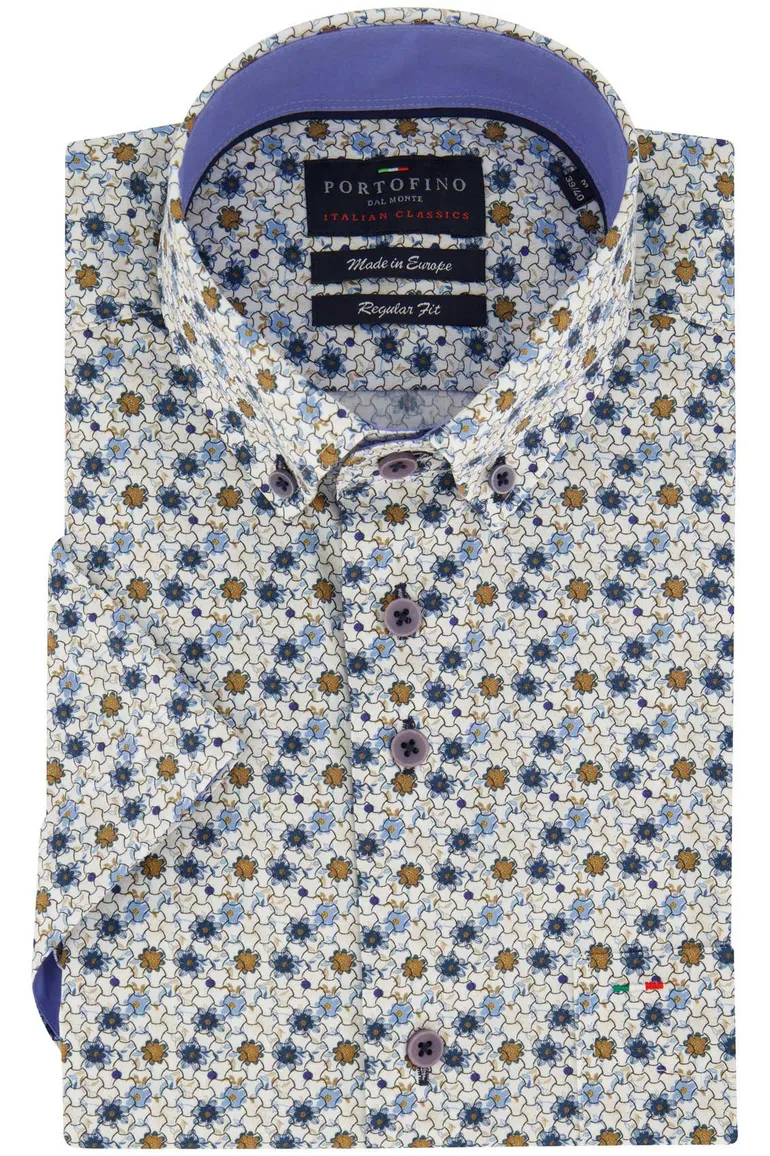Portofino overhemd korte mouw blauw geprint wijde fit