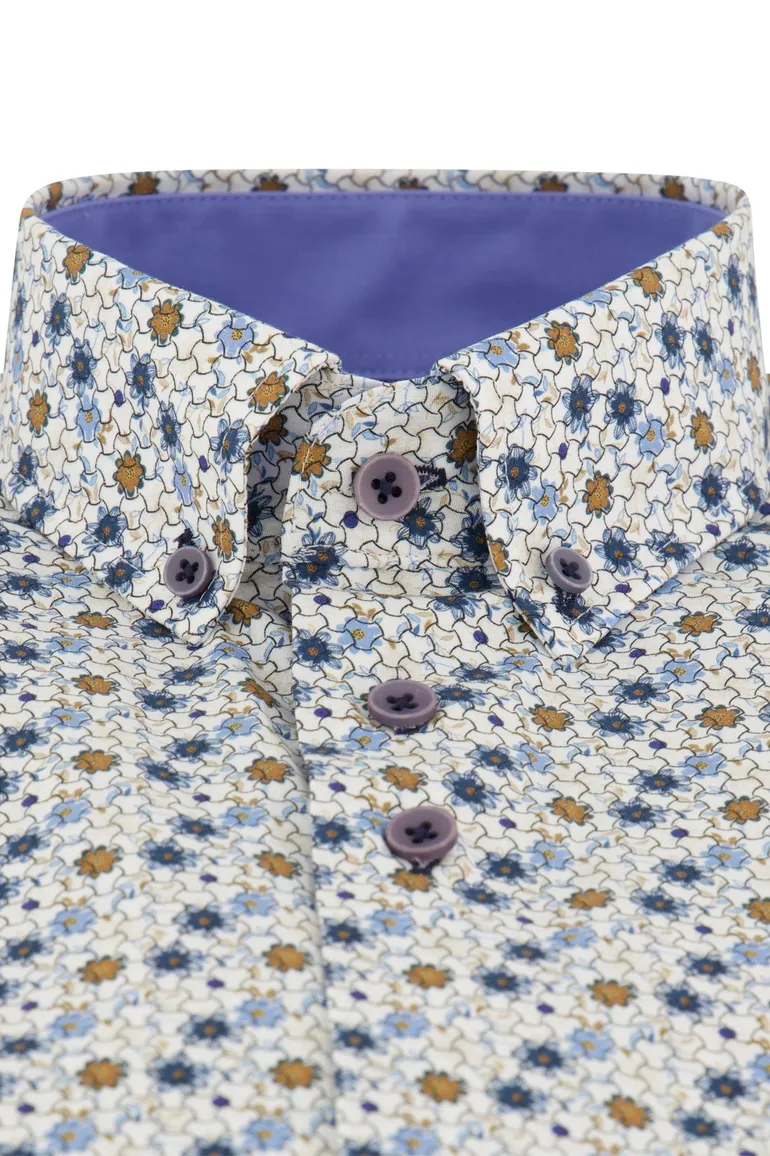 Portofino overhemd korte mouw blauw geprint wijde fit