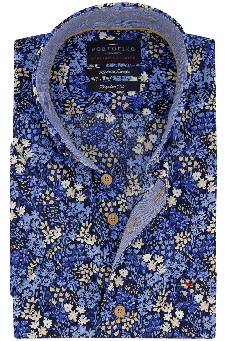 Portofino overhemd korte mouw blauw geprint wijde fit