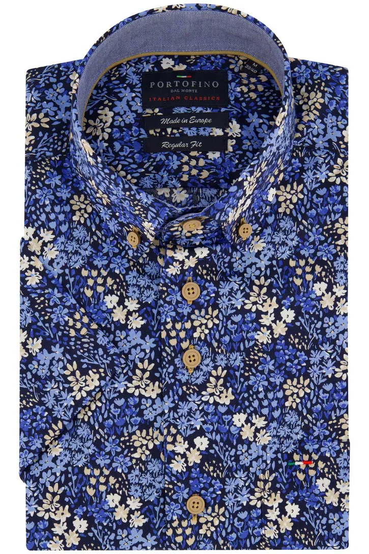 Portofino overhemd korte mouw blauw geprint wijde fit