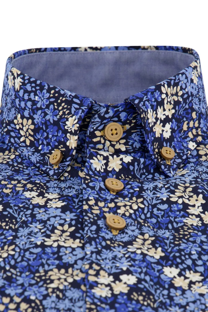 Portofino overhemd korte mouw blauw geprint wijde fit