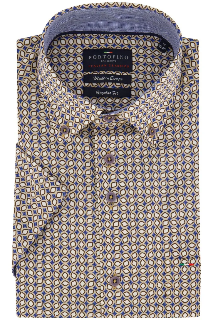 Katoenen Portofino overhemd korte mouw beige geprint