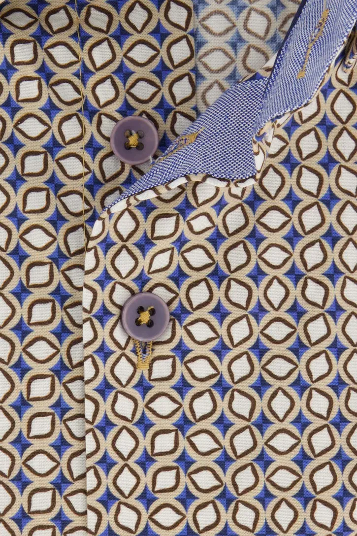 Katoenen Portofino overhemd korte mouw beige geprint
