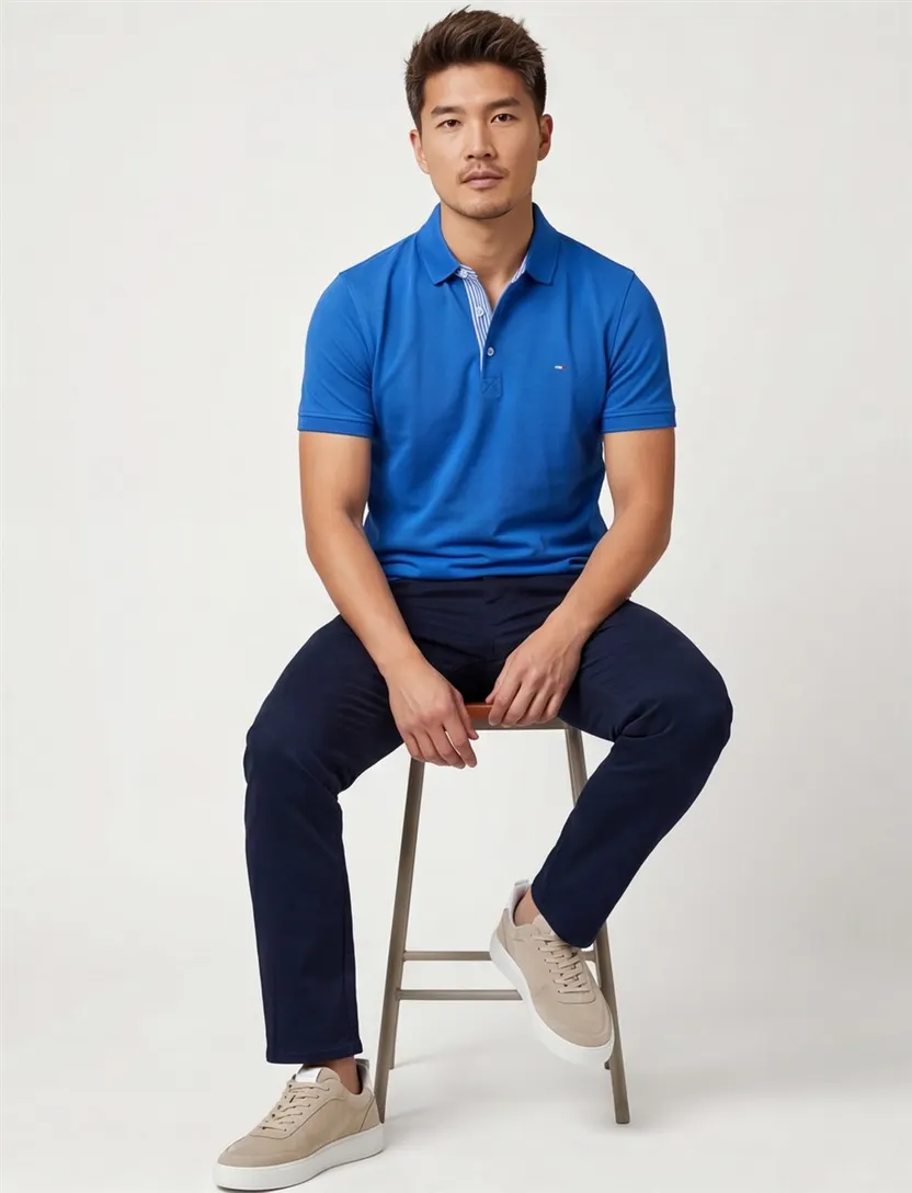 Extra lang Portofino polo katoen korte mouw blauw