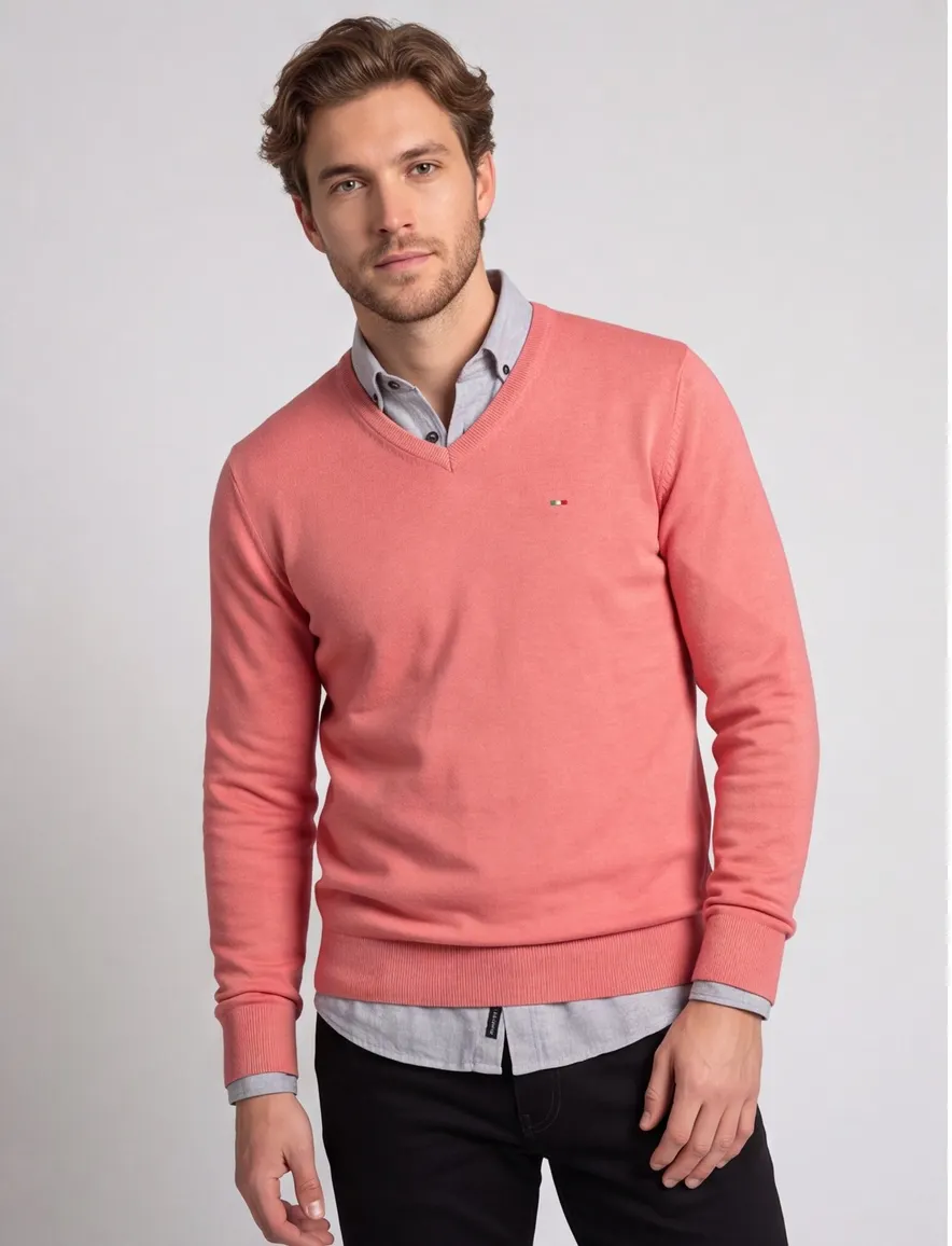 Portofino trui v-hals roze effen katoen met logo