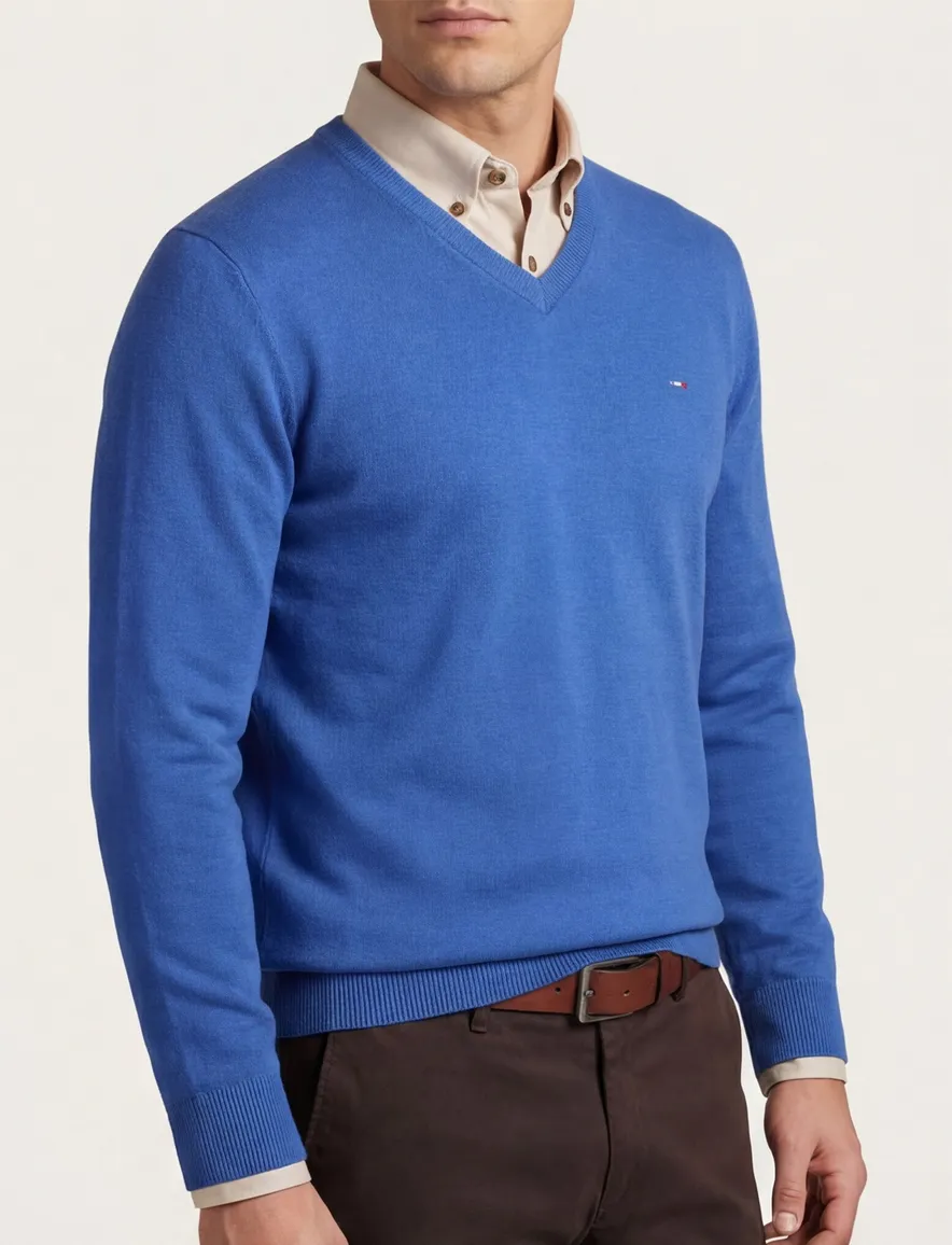 Portofino trui v-hals middelblauw effen katoen