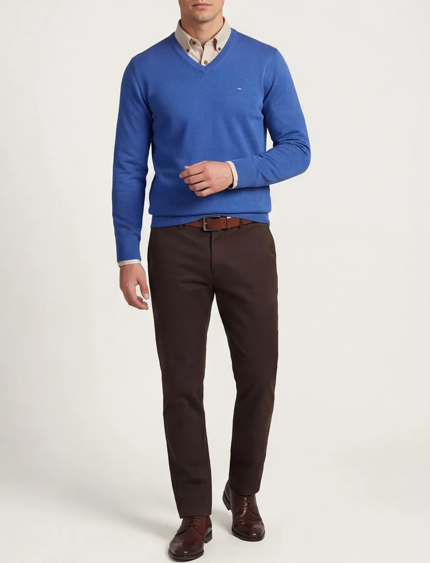 Portofino trui v-hals middelblauw effen katoen