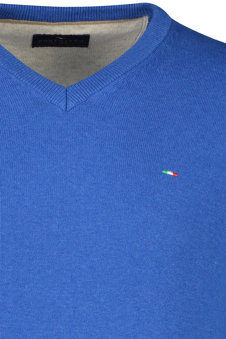Portofino trui v-hals middelblauw effen katoen