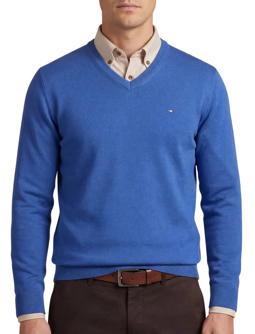 Portofino trui v-hals middelblauw effen katoen