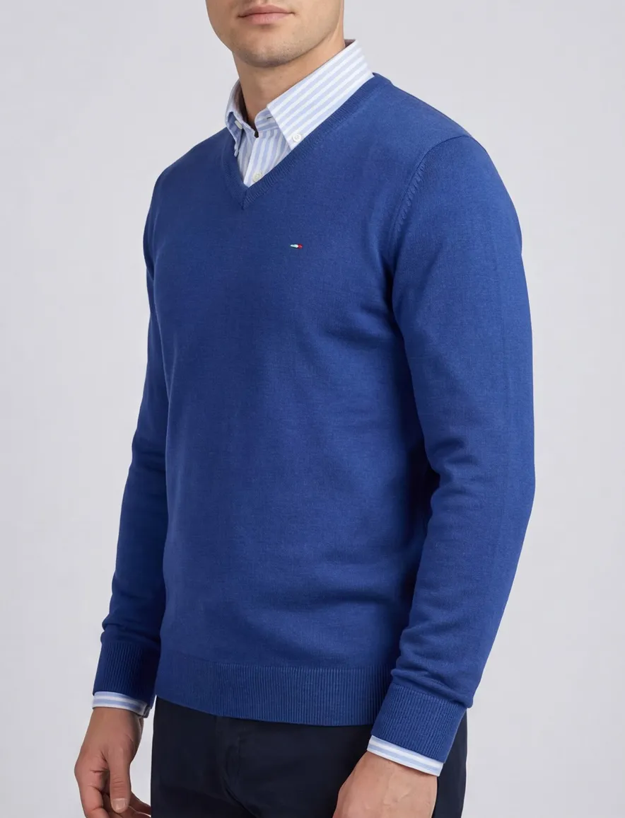 Portofino trui v-hals blauw effen 100% katoen